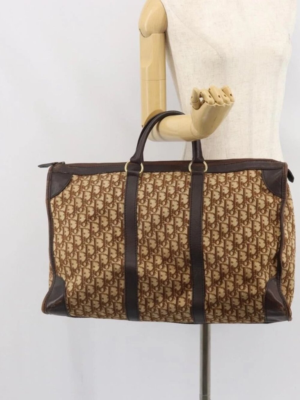 Christian Dior Trotter Canvas Boston Bag Brown Gold